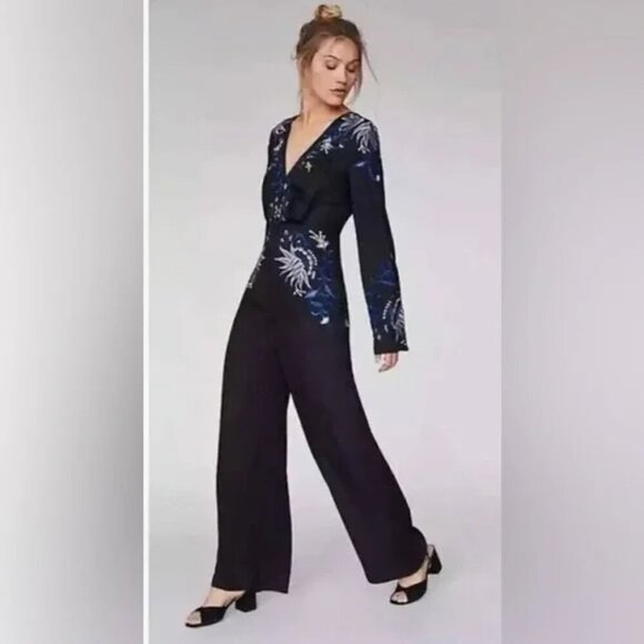 Free People Gypsy Rose Embroidered Black Jumpsuit